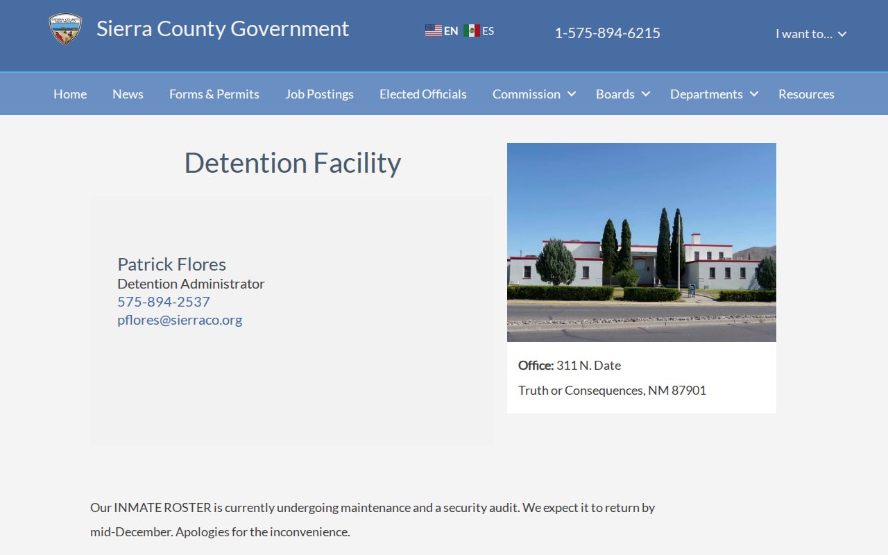 Sierra County released inmate roster outage and detention notice