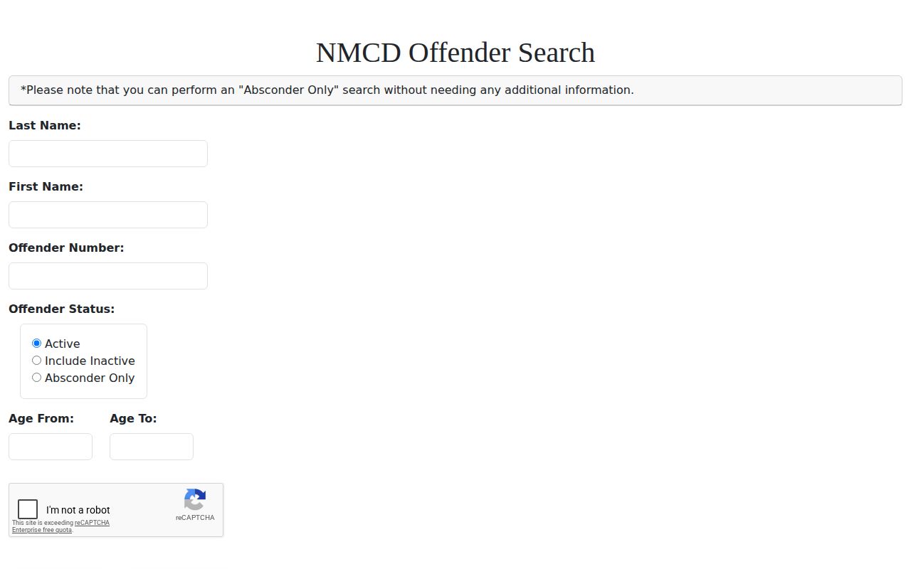 New Mexico Corrections Department offender search fields for released and inactive records